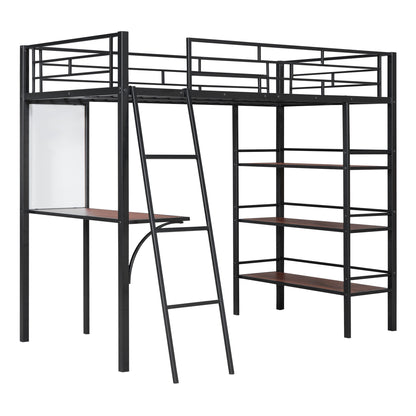Loft Metal Bed With 3 Layers Of Shelves And Desk, Stylish Metal Frame Bed With board - The Sleep Loft - Online Mattress Showroom NYC