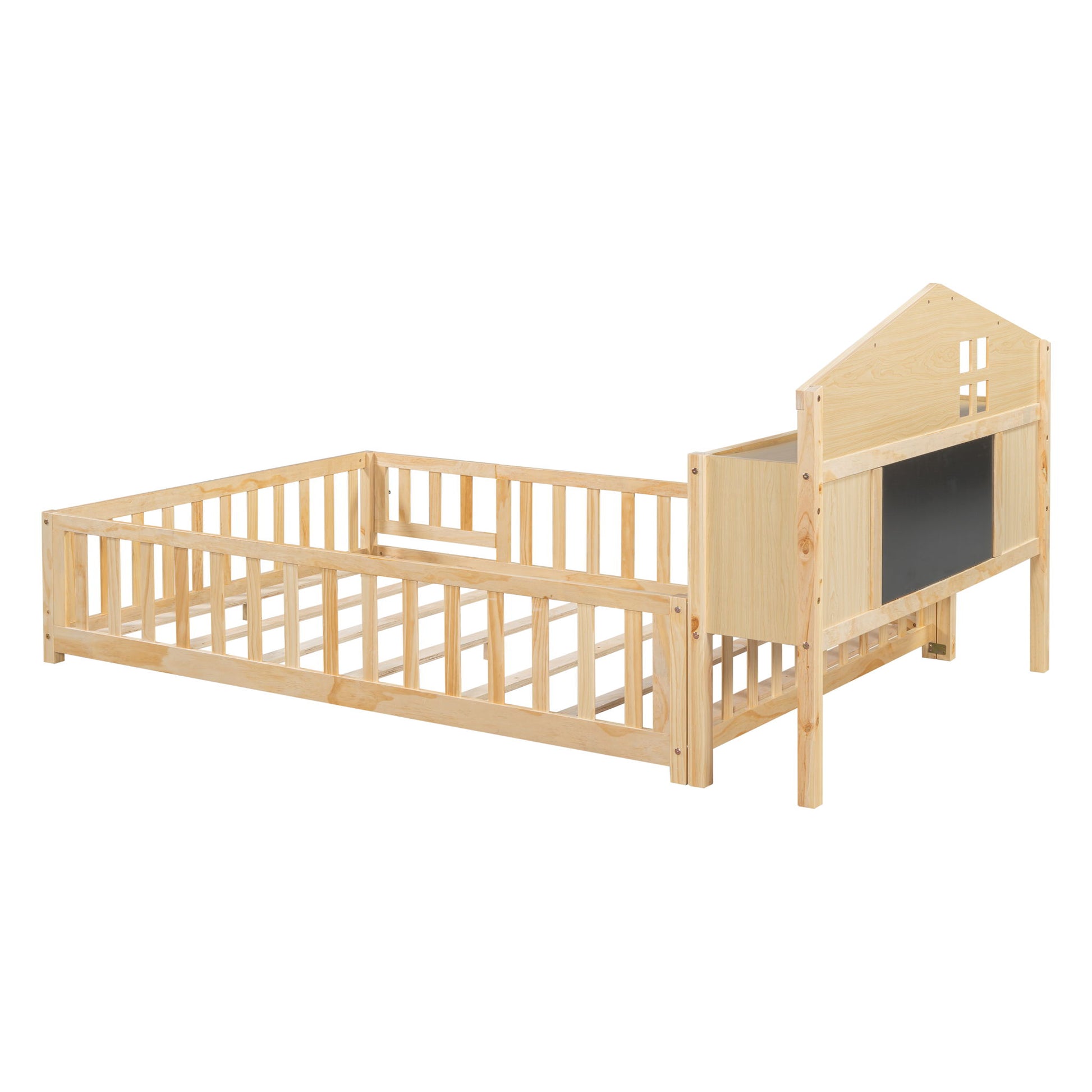Full Size Montessori Floor Bed With Bookcases And boards, Solid Wood Platform Bed With Guard Rails And Storage Headboards - Natural - The Sleep Loft - Online Mattress Showroom NYC