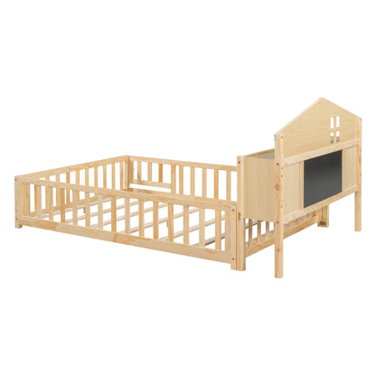 Full Size Montessori Floor Bed With Bookcases And boards, Solid Wood Platform Bed With Guard Rails And Storage Headboards - Natural - The Sleep Loft - Online Mattress Showroom NYC