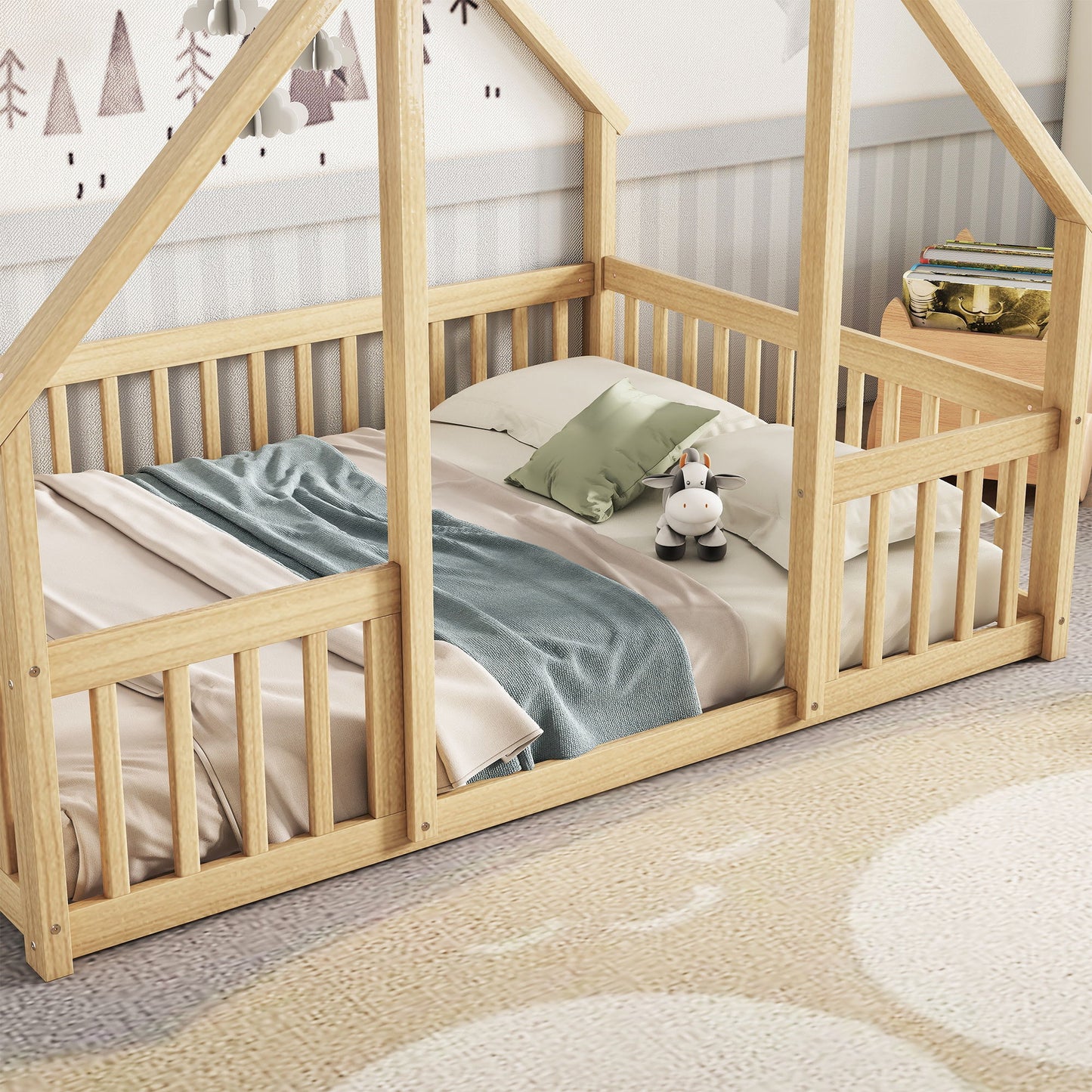 Wood House-Shaped Floor Bed With Fence, Guardrails - The Sleep Loft - Online Mattress Showroom NYC