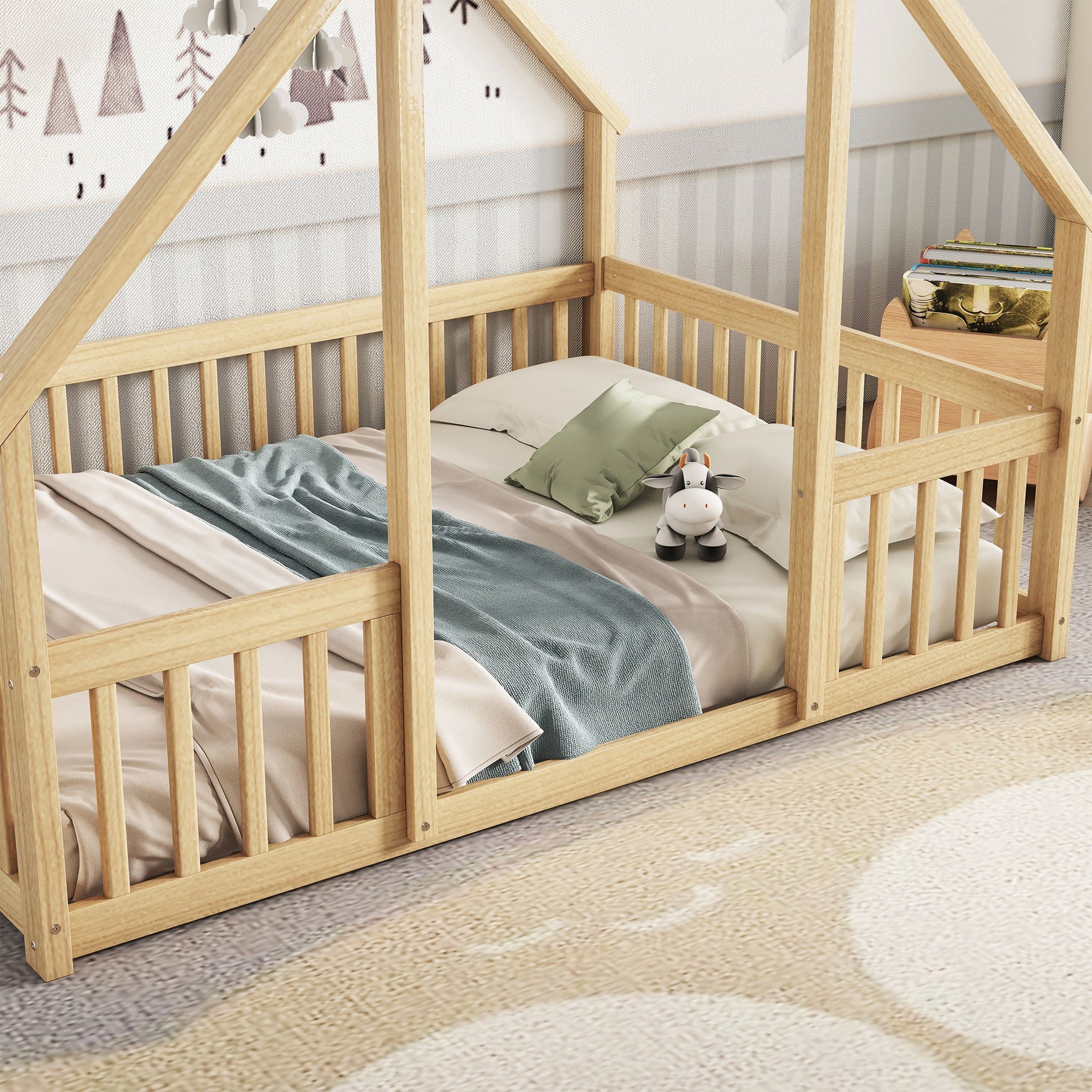Wood House-Shaped Floor Bed With Fence, Guardrails - The Sleep Loft - Online Mattress Showroom NYC