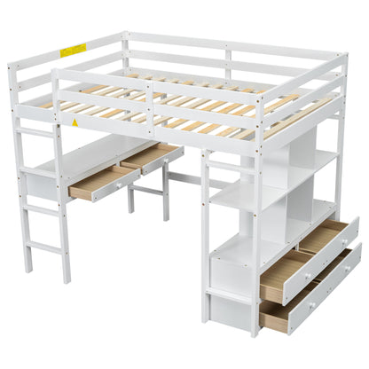 Full Size Loft Bed With Built In Desk, 2 Drawers, Storage Shelves - White - The Sleep Loft - Online Mattress Showroom NYC