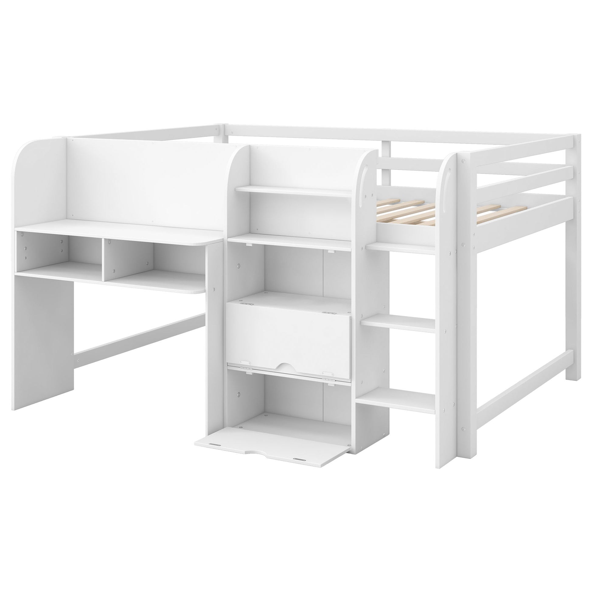 Low Loft Bed With Built In Desk, Storage Cabinets, Open Bookcase And Doodle board - The Sleep Loft - Online Mattress Showroom NYC
