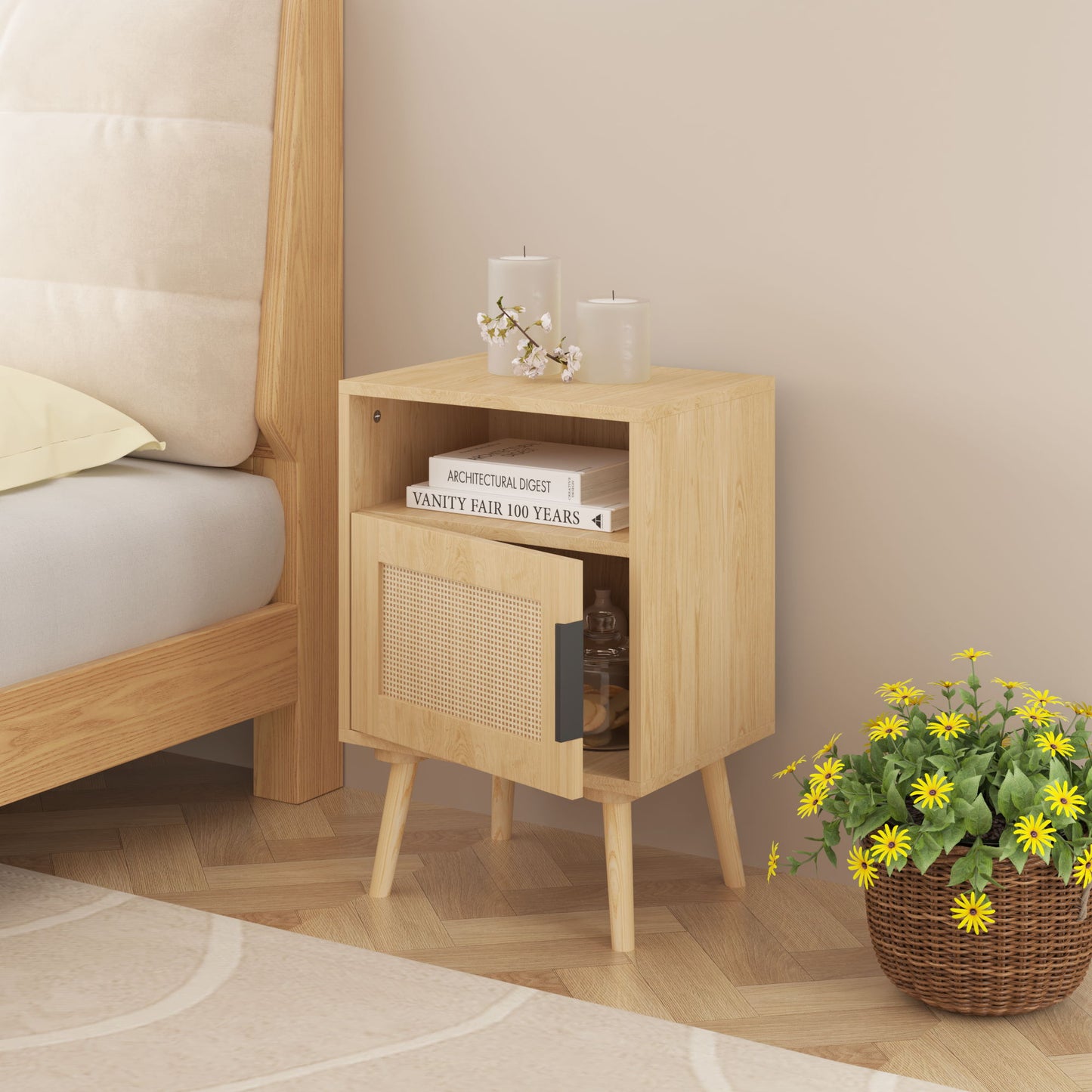 Nightstand, Side Table With Door And Open Shelf For Bedroom - Oak - The Sleep Loft - Online Mattress Showroom NYC
