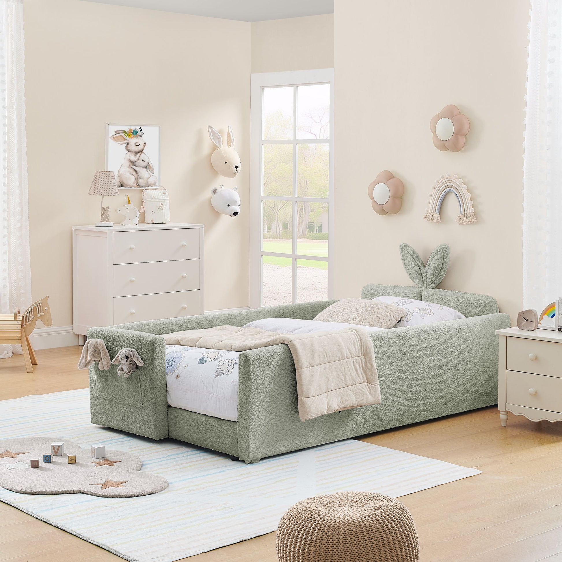 Cute Rabbit Ear Upholstered Platform Bed Frame With Safety Rail - The Sleep Loft - Online Mattress Showroom NYC