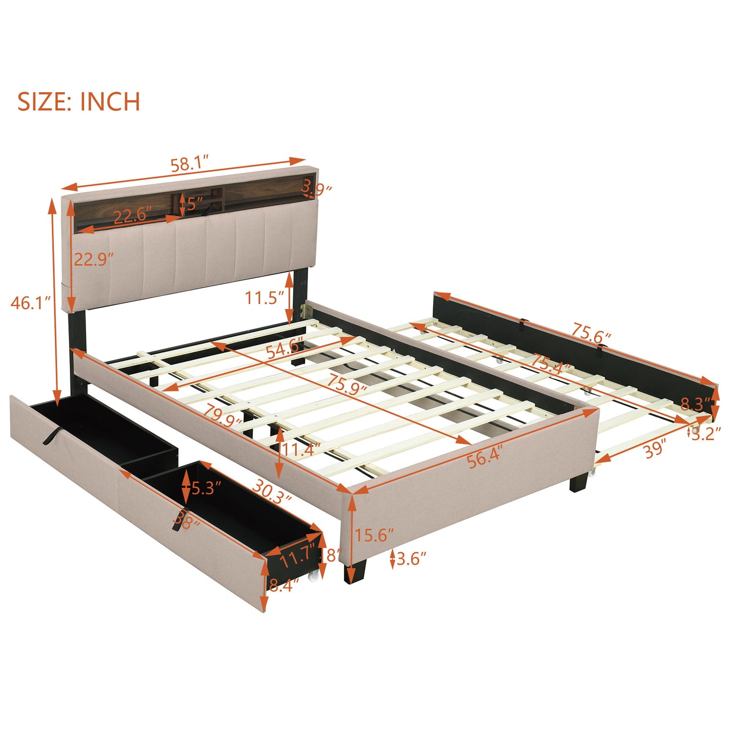 Upholstered Platform Bed With Storage Headboard, Trundle & 2 Drawers And A Set Of Sockets & USB Ports - The Sleep Loft - Online Mattress Showroom NYC