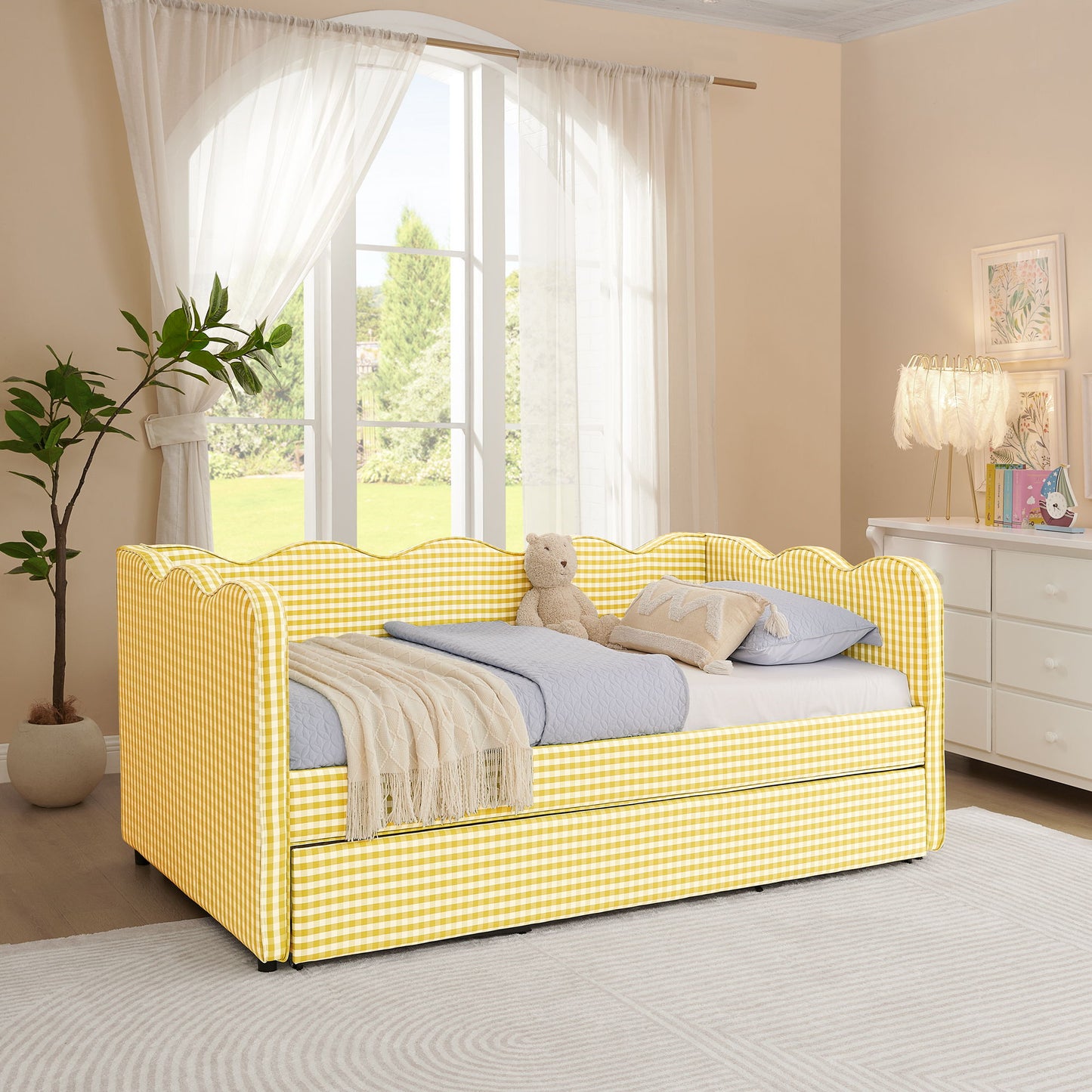 Gingham Daybed With USB Charging Port, Wave-Shaped Design - The Sleep Loft - Online Mattress Showroom NYC