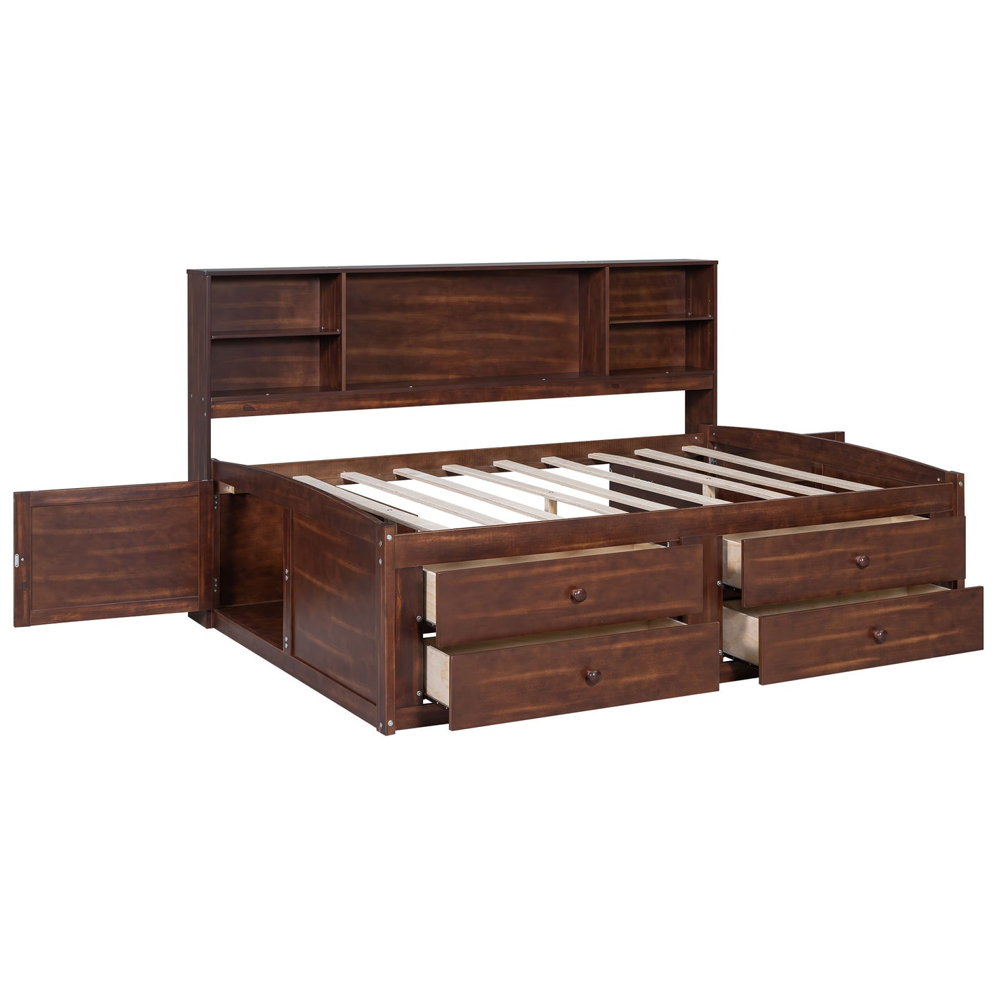 Full Size Captain Bed With Built In Storage Shelves, 4 Drawers And 2 Cabinets - Antique Brown - The Sleep Loft - Online Mattress Showroom NYC