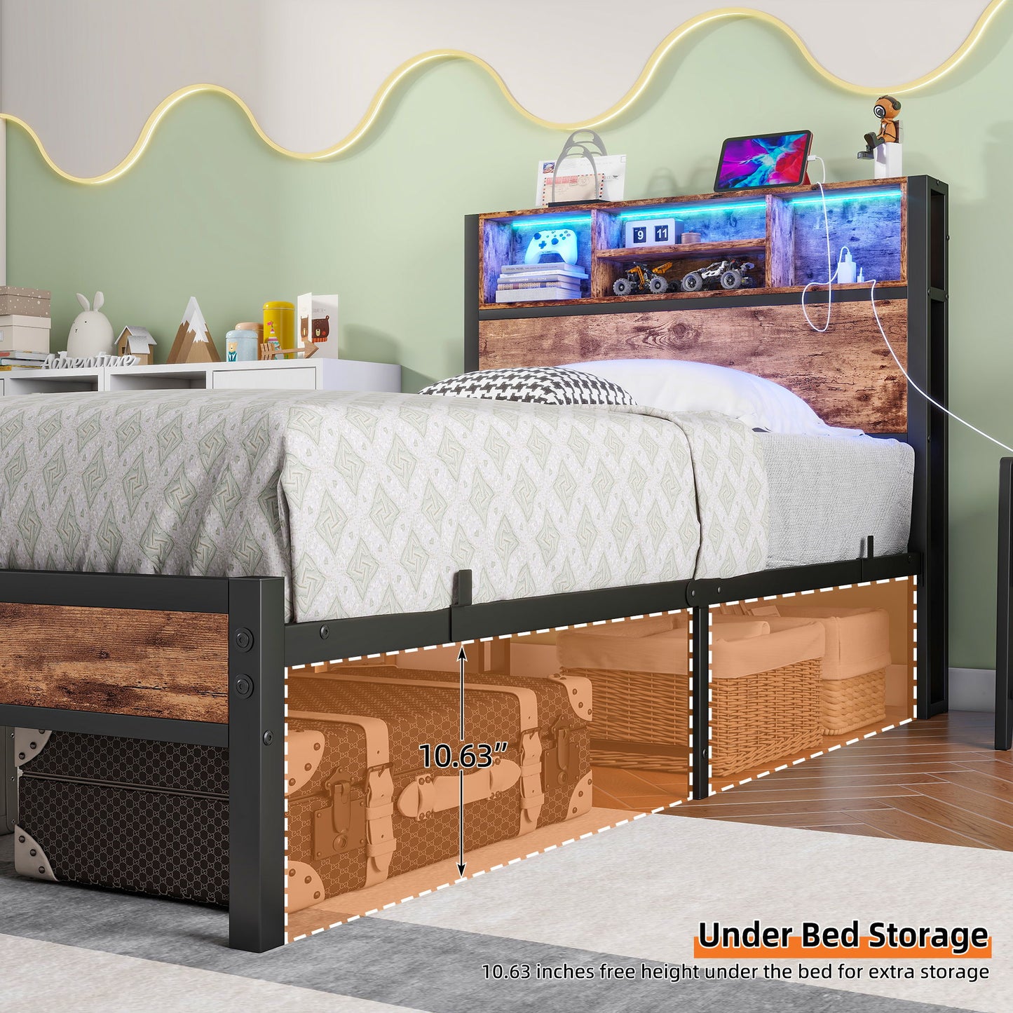 Modern Twin Size Metal Platform Bed Frame With Storage Headboard And Charging Station - Brown - The Sleep Loft - Online Mattress Showroom NYC
